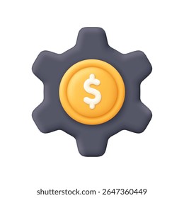 Black gear or cogwheel with gold dollar coin. Payment process, financial setting, money management, investment tools concept. 3d vector icon. Cartoon minimal style.