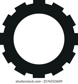 Black gear icon with a circular center and evenly spaced teeth around its circumference. Represents mechanical engineering, machinery, technology, processes, systems, or settings.