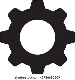 A black gear icon with a circular center and six pointed teeth, set against a pure white background, symbolizing settings or mechanical concepts