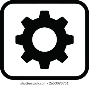 Black gear icon isolated on white background, symbolizing settings and configuration options.
