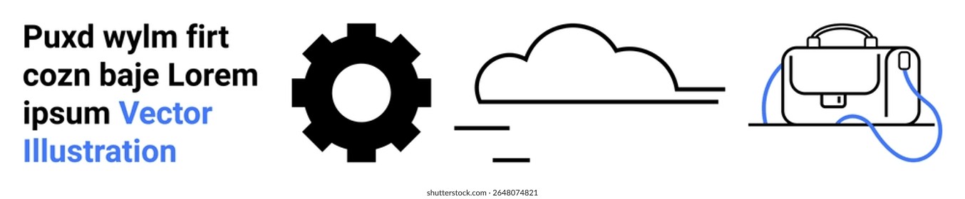 Black gear icon, minimalist black cloud outline, and modern bag illustration with blue strap. Ideal for tech, education, UIUX, websites, presentations, startups, marketing materials. Landing page