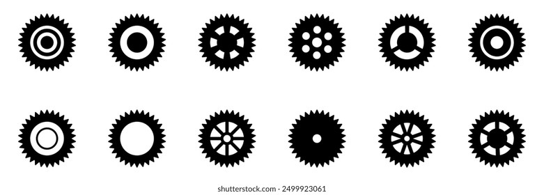 Conjunto de iconos de engranaje negro. Iconos del engranaje del piñón de la máquina. Diseño plano. Símbolo de signo de rueda dentada de Vector sobre un fondo blanco.