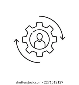 black gear icon with stick figure man inside. simple linear style trend modern cogwheel logotype graphic stroke art design isolated on white background. concept of developer sign or digital skill