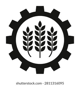 Black gear icon with wheat leaves inside symbolizing industrial agriculture and machinery