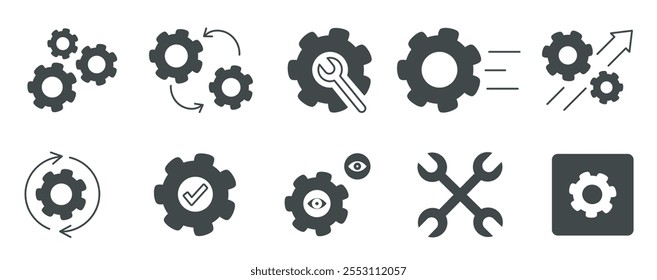 Ícones de engrenagem pretos configurados. Coghweels e chaves. Símbolos dos trabalhos de reparação e manutenção. Máquinas e mecanismos, engenharia. Coleção de vetores planos isolada no plano de fundo branco