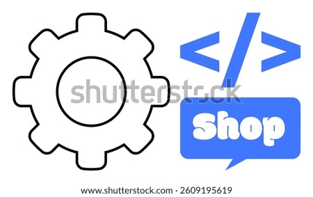 Black gear next to blue coding tags and a blue speech bubble with the word Shop. Ideal for web development, e-commerce, digital marketing, online stores, and technology services. Simple vector style
