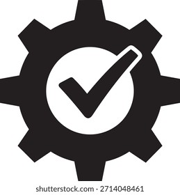 Uma forma de engrenagem preta envolve um círculo branco contendo um símbolo de marca de seleção preta sobre um fundo branco.