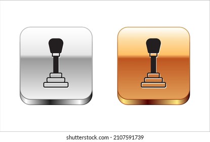 Icono del selector de velocidades negro aislado en fondo blanco. Icono de transmisión manual. Botones cuadrados plateados y dorados. Vector