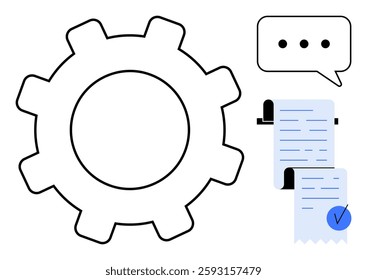 Black gear, speech bubble with ellipsis, and clipboard with documents icon with a checkmark and ribbon. Ideal for business workflow concepts, communication, project management, technical processes