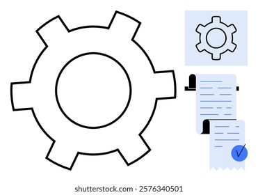 Black gear symbol alongside a document. Document displays a blue checkbox indicating verification. Ideal for productivity, quality assurance, project management, task completion, workflow. Simple