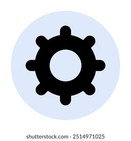 Black gear symbol inside a light blue circle. Simplistic style. Ideal for technology, settings, engineering, machinery, user interface, mechanical concepts. Represents gears and modifications.