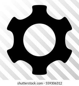 Black Gear toolbar pictogram. Vector pictograph style is a flat symbol on diagonally hatched transparent background.