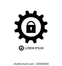 Black gear wheel awith lock  as logo with copy space on white background