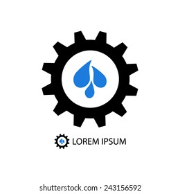 Black gear wheel with blue water drops as logo. Plumbing or engineering sign