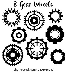 Black gear wheel vector icon set on white background. Black and white gear wheel logo. Technological or machinery symbol. Industrial clipart. Mechanical or clockwork icon. Gear wheel silhouette