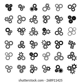 Black gears and cogs groups, icons set, vector illustration