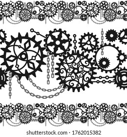 Black gears, cogwheels and chains on a white background. Seamless horizontal border for packaging, wrapper, website, printing on fabric, textile, clothes and bag. Vector design template. Mechanism