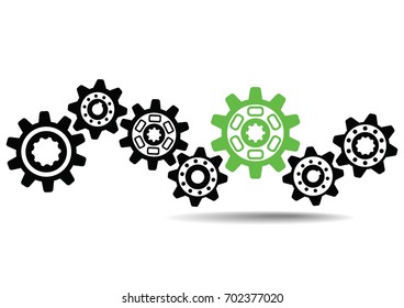 Black gears for cooperation or teamwork symbolism with green leader.Vector illustration