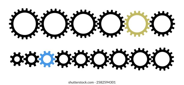 Black gears, inserted into each other with teeth and arranged in straight row in descending size in diameter. Circular links of one chain of engineering structures, relationships, processing.