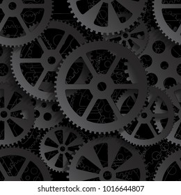 black gears on a black  background, seamless pattern vector illustration 
