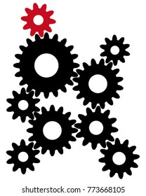 Black gears with red leader for  teamwork symbolism