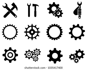 Black gears and setting vector icon collection on white background 