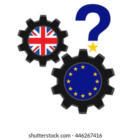 Black gears with UK and EU flags.A question mark over the future of the EU.