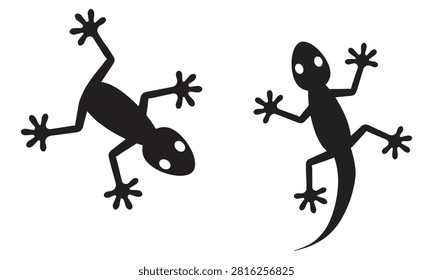 Black gecko lizard silhouette featuring a distinctive long tail, wide body, large eyes, and spread toes in a simple monochrome design.