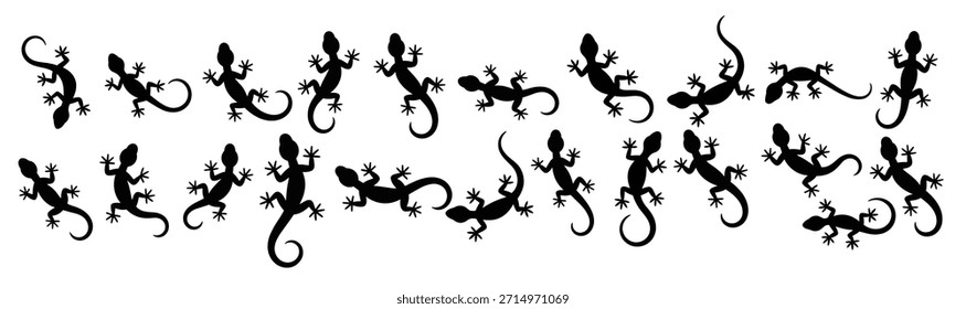 Siluetas de gecko negro esparcidas sobre un fondo blanco