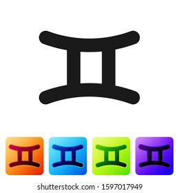 Black Gemini zodiac sign icon isolated on white background. Astrological horoscope collection. Set icons in color square buttons. Vector Illustration