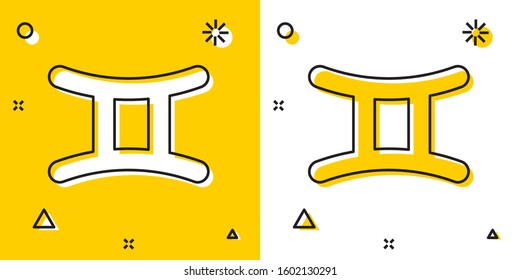 Black Gemini zodiac sign icon isolated on yellow and white background. Astrological horoscope collection. Random dynamic shapes. Vector Illustration
