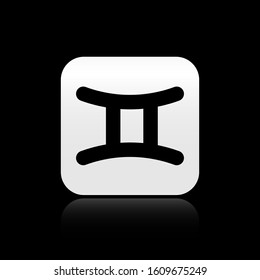 Black Gemini zodiac sign icon isolated on black background. Astrological horoscope collection. Silver square button. Vector Illustration