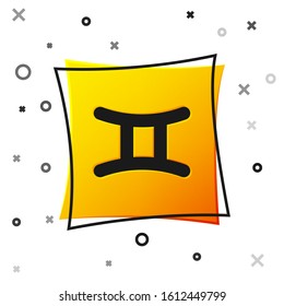 Black Gemini zodiac sign icon isolated on white background. Astrological horoscope collection. Yellow square button. Vector Illustration