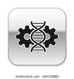 Black Gene editing icon isolated on white background. Genetic engineering. DNA researching, research. Silver square button. Vector Illustration