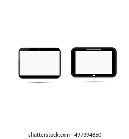 Black generic two tablets computer (tablet pc) on white background. Modern portable touch pad device with white screen.