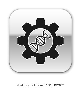Black Genetic engineering icon isolated on white background. DNA analysis, genetics testing, cloning, paternity testing. Silver square button. Vector Illustration
