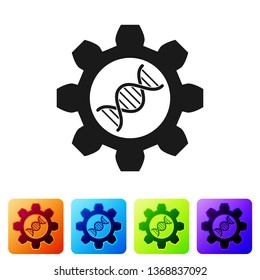 Black Genetic engineering icon isolated on white background. DNA analysis, genetics testing, cloning, paternity testing. Set icon in color square buttons. Vector Illustration