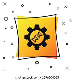 Black Genetic engineering icon isolated on white background. DNA analysis, genetics testing, cloning, paternity testing. Yellow square button. Vector Illustration