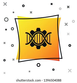 Black Genetic engineering icon isolated on white background. DNA analysis, genetics testing, cloning, paternity testing. Yellow square button. Vector Illustration