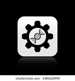 Black Genetic engineering icon isolated on black background. DNA analysis, genetics testing, cloning, paternity testing. Silver square button. Vector Illustration
