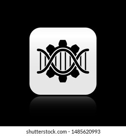 Black Genetic engineering icon isolated on black background. DNA analysis, genetics testing, cloning, paternity testing. Silver square button. Vector Illustration