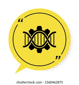 Black Genetic engineering icon isolated on white background. DNA analysis, genetics testing, cloning, paternity testing. Yellow speech bubble symbol. Vector Illustration