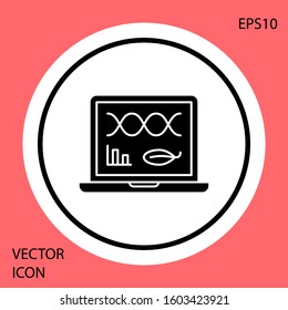 Black Genetic engineering modification on laptop icon isolated on red background. DNA analysis, genetics testing, cloning. White circle button. Vector Illustration