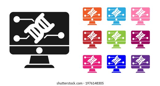 Black Genetic engineering modification on monitor icon isolated on white background. DNA analysis, genetics testing, cloning. Set icons colorful. Vector