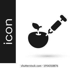 Black Genetically modified apple icon isolated on white background. GMO fruit. Syringe being injected to apple.  Vector
