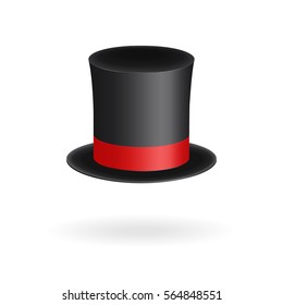 Black gentleman hat cylinder with red ribbon. Elegance and aristocratic symbol. Volumetric icon isolated on white background. Vector Illustration.