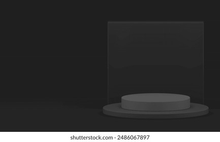 Black geometric 3d podium mock up for male product show presentation realistic vector illustration. Dark showroom cylinder pedestal shopping sale stand with squared wall background