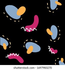 Black geometric abstract background. Colored figures on a black background. Zigzags and circles Doodle illustration
