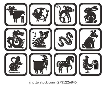 Black geometric animals icons. Simple shapes fauna characters, cow, tiger, snake silhouettes, chinese horoscope signs, logotype or web buttons design, astrological signs splendid vector isolated set