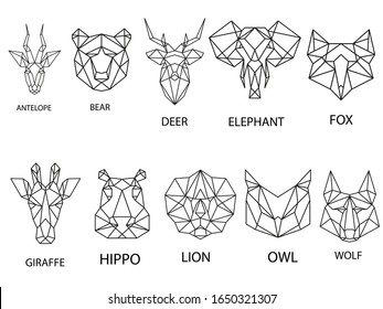 Black Geometric Animals Vector illustration,white background, linear design, modern style, antelope, bear, deer, elephant, fox, giraffe, hippo, lion, owl, wolf, eps10 format